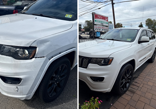 Before and after views of a 2021 Jeep Grand Cherokee with front-end collision damage and completed repair in Lodi, NJ