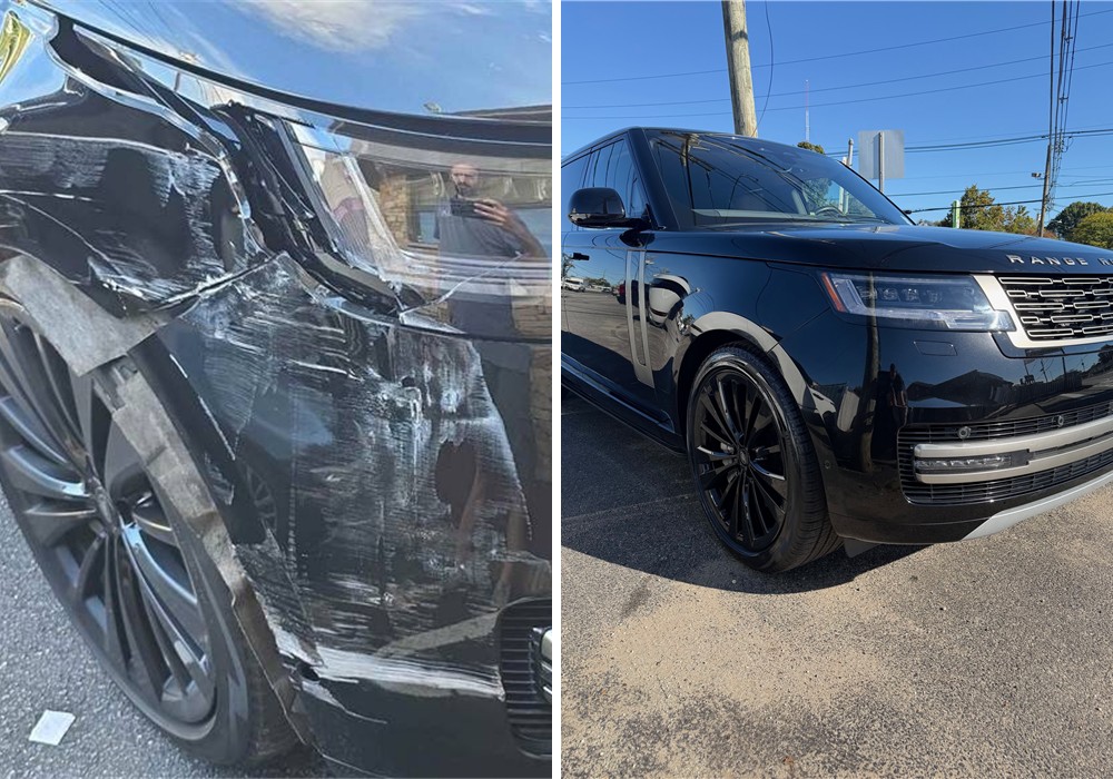 2024 Range Rover front-right collision damage before repair, left, and finished repair at Mizzoni’s Auto Body, right