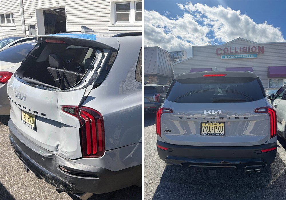 Kia Telluride rear-end collision damage before repair, left, and completed repair at Mizzoni's Auto Body in Lodi, NJ, right
