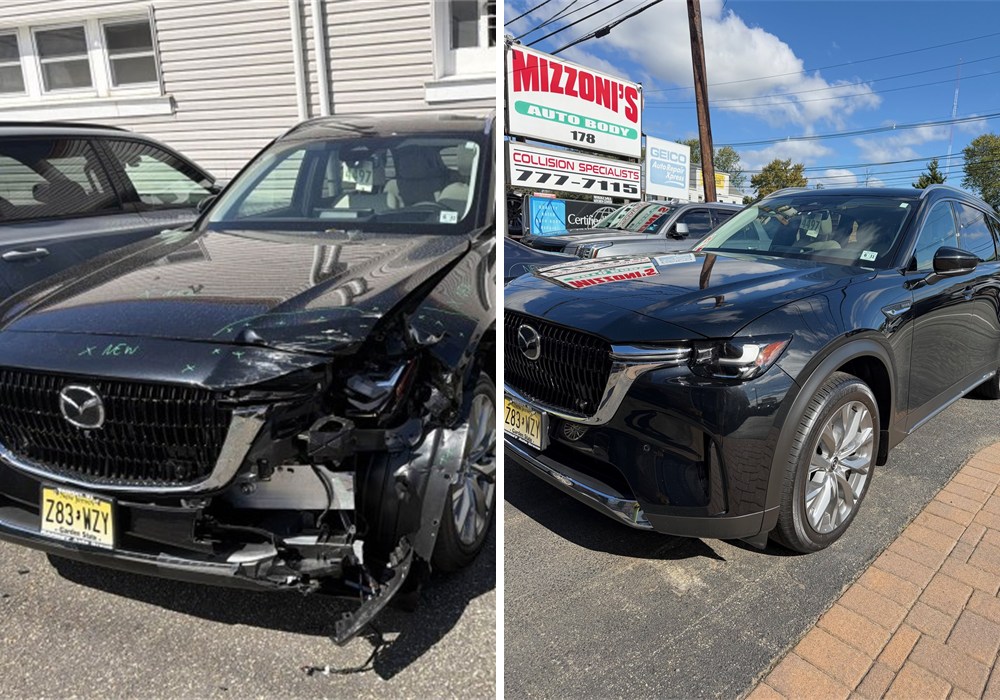 Mazda CX-9 front-end collision damage before repair, left, and completed repair at Mizzoni's Auto Body in Lodi, NJ, right